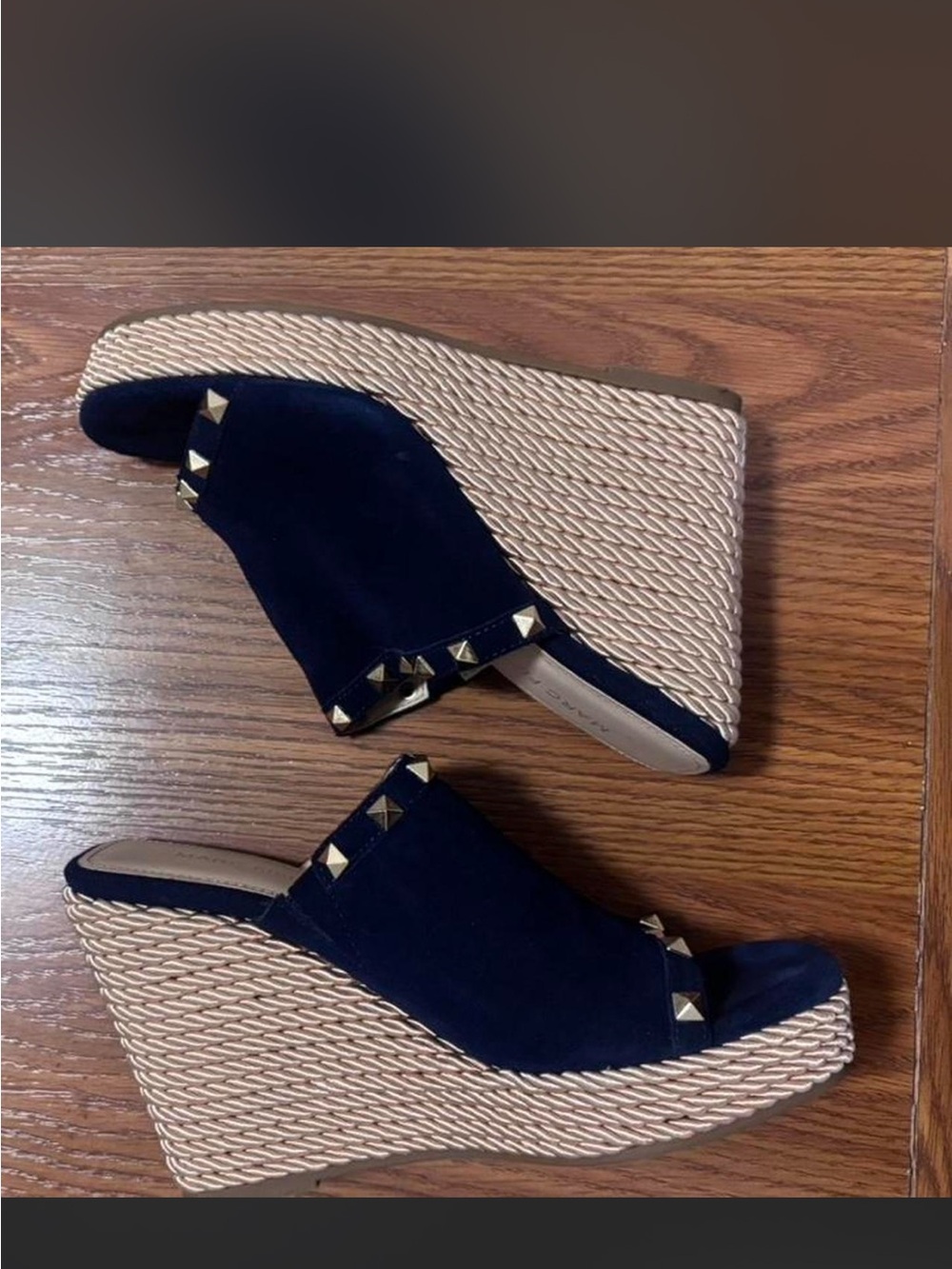 Marc Fisher Navy Suede Studded Espadrille Wedge Mules